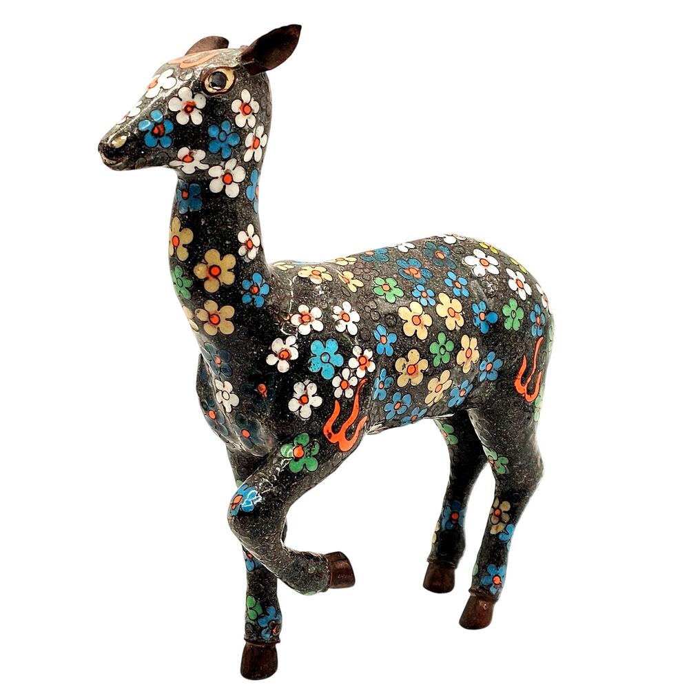 Vintage Chinese Enamel Deer Figurine Floral Design Colorful Decorative Art
